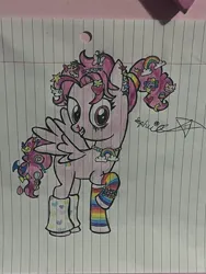 Size: 3024x4032 | Tagged: semi-grimdark, artist:lnx1ynight16, derpibooru import, bifröst, pegasus, pony, accessory, blood, bracelet, clothes, colored pencil drawing, colorful, female, friendship student, full body, grin, hair accessory, hooves, image, jewelry, jpeg, kandi cuff, leg warmers, leggings, looking at you, mare, necklace, paper, raised hoof, signature, simple background, smiling, solo, solo female, spread wings, tail accessory, traditional art, wings