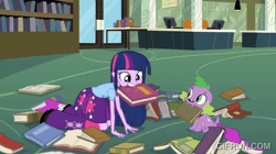 Size: 520x291 | Tagged: safe, derpibooru import, screencap, spike, twilight sparkle, dog, human, equestria girls, g4, animated, bibliovore, book, duo, duo male and female, female, gif, gifrun.com, humans doing horse things, image, library, male, my little pony equestria girls, spike the dog