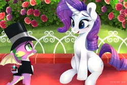 Size: 2400x1600 | Tagged: safe, artist:darksly, derpibooru import, rarity, spike, dragon, pony, unicorn, g4, atg 2024, blushing, bush, couple, diamond ring, duo, duo male and female, engagement ring, female, flower, hat, horn, image, jpeg, male, mare, newbie artist training grounds, open mouth, open smile, rose, shipping, sitting, smiling, sparity, straight, top hat, winged spike, wings