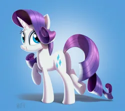 Size: 2160x1923 | Tagged: safe, artist:brdte, derpibooru import, rarity, pony, unicorn, g4, butt, commission, female, gradient background, grin, horn, image, jpeg, looking at you, looking back, looking back at you, mare, plot, raised hoof, raised leg, rearity, signature, smiling, smiling at you, solo, standing on two hooves, tail