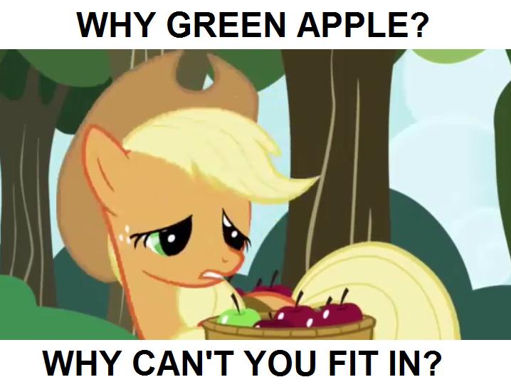 Size: 718x543 | Tagged: safe, derpibooru import, edit, edited screencap, screencap, applejack, earth pony, pony, apple, caption, dialogue, female, food, green apple, image, image macro, jpeg, mare, solo, text