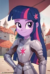 Size: 832x1216 | Tagged: safe, ai content, derpibooru import, machine learning generated, prompter:kimberlite, stable diffusion, twilight sparkle, human, equestria girls, g4, armor, breasts, female, generator:pony diffusion v6 xl, image, knight, medieval, plate armor, png, solo, solo female