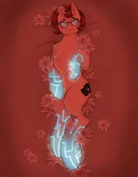 Size: 3630x4620 | Tagged: safe, artist:princeling, derpibooru import, oc, oc:desert lotus, oc:snapshot, unofficial characters only, cyborg, earth pony, pony, bedsheets, camera, cyberpunk, female, flower, glasses, image, lotus (flower), mare, png, red light, setting: neo somnambula, solo, variant