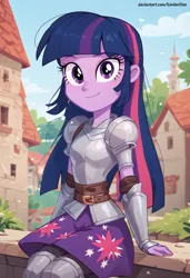 Size: 832x1216 | Tagged: safe, ai content, derpibooru import, machine learning generated, prompter:kimberlite, stable diffusion, twilight sparkle, human, equestria girls, g4, armor, breasts, female, generator:pony diffusion v6 xl, image, knight, medieval, plate armor, png, sitting, solo, solo female