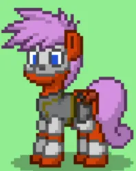 Size: 365x461 | Tagged: safe, artist:blackblade360, derpibooru import, oc, oc:bone head, earth pony, pony, fallout equestria, armor, ashes town, blue eyes, bone, bone armor, digital art, earth pony oc, gun, gun holster, helmet, image, orange coat, pink mane, pink tail, pixel art, png, raider, skeleton, skull, skull helmet, story included, tail, weapon