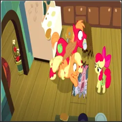 Size: 622x622 | Tagged: safe, derpibooru import, edit, edited screencap, screencap, apple bloom, applejack, big macintosh, earth pony, pig, pony, g4, season 7, the perfect pear, image, piglet, piglet's big movie, png, soap, water