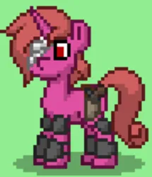 Size: 399x464 | Tagged: safe, artist:blackblade360, derpibooru import, oc, oc:red horn, unofficial characters only, pony, unicorn, fallout equestria, armor, ashes town, bandage, digital art, fallout, gun, gun holster, horn, image, magenta coat, male, pixel art, png, raider, raider armor, red eyes, red mane, red tail, stallion, stallion oc, story included, tail, unicorn oc, weapon