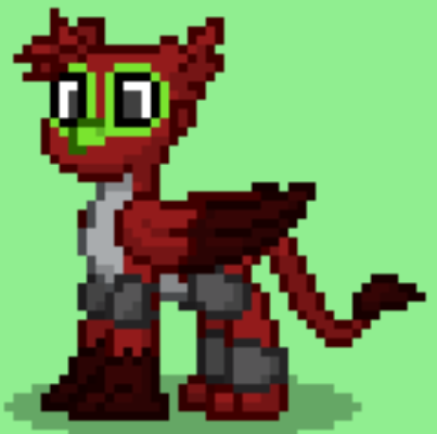 Size: 403x400 | Tagged: safe, artist:blackblade360, derpibooru import, oc, oc:red claw, unofficial characters only, gryphon, fallout equestria, armor, ashes town, claws, colored wings, digital art, facial markings, fallout, green eyes, griffon oc, image, makeup, pixel art, png, raider, raider armor, red feathers, red skin, story included, torn ear, two toned wings, wings