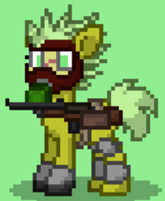 Size: 334x407 | Tagged: safe, artist:blackblade360, derpibooru import, oc, oc:grimlock, unofficial characters only, earth pony, pony, fallout equestria, armor, armored pony, ashes town, battle saddle, digital art, earth pony oc, female, gas mask, green coat, green eyes, green mane, green tail, gun, image, mare, mask, pixel art, png, raider, raider armor, scar, short tail, solo, spiky mane, story included, tail, weapon