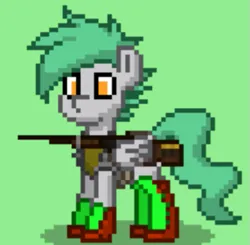 Size: 503x493 | Tagged: safe, artist:blackblade360, derpibooru import, oc, oc:tornado, unofficial characters only, pegasus, pony, fallout equestria, armor, armored legs, armored pony, ashes town, battle saddle, clothes, cyan mane, cyan tail, enclave, enclave armor, fallout, gray coat, green background, gun, image, male, orange eyes, pegasus oc, png, raider, shirt, simple background, stallion, stallion oc, story included, weapon, wings