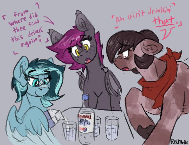 Size: 1692x1294 | Tagged: safe, artist:reddthebat, derpibooru import, oc, oc:alaska (reddthebat), oc:number nine, oc:selena (reddthebat), earth pony, ghost, ghost pony, pegasus, pony, undead, crystal pepsi, dialogue, eyebrows, eyebrows visible through hair, female, floppy ears, furrowed brow, glass, image, jpeg, mare, milk, milk carton, pilk, simple background, trio, white background