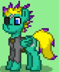 Size: 316x386 | Tagged: safe, artist:blackblade360, derpibooru import, oc, oc:wing crasher, unofficial characters only, pegasus, pony, fallout equestria, ashes town, blue eyes, clothes, digital art, eyepatch, fallout, green background, green coat, image, male, pegasus oc, pixel art, png, raider, shirt, simple background, spiky mane, stallion, stallion oc, story included, tail, two toned mane, two toned tail, wings