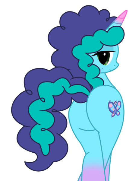 Size: 4388x6148 | Tagged: safe, alternate version, artist:ejlightning007arts, artist:lilylocket, derpibooru import, edit, pony, unicorn, g4, g5, my little pony: make your mark, my little pony: tell your tale, spoiler:g5, base used, butt, butt focus, coat markings, fake cutie mark, female, freckles, g5 to g4, generation leap, horn, image, looking back, mare, misty brightdawn, mistybutt, original style, plot, png, seductive, simple background, socks (coat marking), transparent background, vector