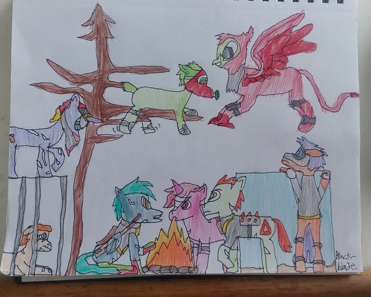 Size: 3256x2604 | Tagged: safe, artist:blackblade360, derpibooru import, oc, oc:blaze, oc:bone head, oc:grimlock, oc:lock jaw, oc:red claw, oc:red horn, oc:tornado, earth pony, gryphon, pegasus, pony, unicorn, fallout equestria, armor, armored pony, ashes town, bandage, battle saddle, blue eyes, bone armor, box, cage, campfire, chatting, colored pencil drawing, dead tree, earth pony oc, facial markings, fallout, female, green coat, green eyes, green mane, green tail, griffon oc, horn, image, irl, jpeg, looking at each other, looking at someone, looking down, looking up, makeup, male, mare, mare oc, mask, multiple characters, orange coat, orange eyes, orange mane, orange tail, paper, pegasus oc, photo, post apocalypse, purple coat, purple mane, purple tail, raider, raider armor, raised hoof, red coat, red feathers, red skin, sad, scar, short tail, signature, sitting, skull, skull mask, spread wings, stallion, stallion oc, tail, talking, tarp, traditional art, tree, unicorn oc, wasteland, wings