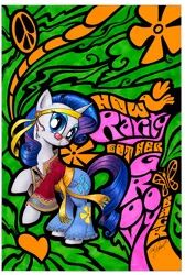 Size: 2172x3227 | Tagged: safe, artist:andy price, derpibooru import, idw, rarity, pony, unicorn, g4, clothes, cover, cover art, female, glasses, headband, hippie, horn, image, jpeg, looking at you, mare, micro-series #3, my little pony micro-series, pants, smiling, solo, tail