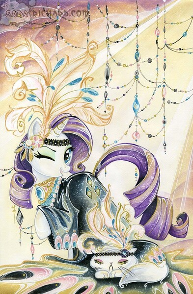 Size: 1031x1575 | Tagged: safe, alternate version, artist:sara richard, derpibooru import, idw, opalescence, rarity, cat, pony, unicorn, g4, clothes, cover art, dress, female, hat, horn, image, jpeg, mare, micro-series #3, my little pony micro-series, one eye closed, raised hoof, smiling, solo focus, tail, textless, textless version, wink