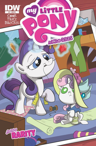 Size: 825x1252 | Tagged: safe, artist:sibsy, derpibooru import, idw, rarity, sweetie belle, pony, unicorn, g4, baby, baby belle, baby pony, baby sweetie belle, comic cover, cover, cover art, fabric, female, filly, filly rarity, foal, gem, glow, glowing horn, horn, image, jpeg, magic, magic aura, micro-series #3, mouth hold, my little pony logo, my little pony micro-series, needle, official comic, raised hoof, sewing, spool, tail, variant cover, younger