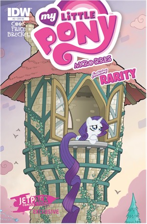 Size: 300x455 | Tagged: safe, artist:tonyfleecs, derpibooru import, idw, rarity, bird, pony, unicorn, g4, comic cover, cover, cover art, crossed hooves, female, horn, image, jpeg, long tail, mare, micro-series #3, my little pony logo, my little pony micro-series, official comic, parody, rapunzel, tail, tower, tree, variant cover