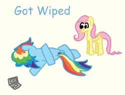 Size: 1149x873 | Tagged: safe, artist:zoeyhorse, derpibooru import, fluttershy, rainbow dash, pegasus, pony, g4, duo, duo female, family guy death pose, female, image, mare, nintendo ds, png, pokémon, pokémon diamond and pearl, simple background, text, yellow background