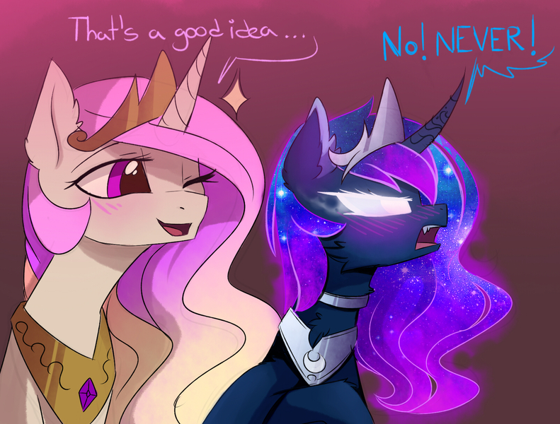 Size: 1600x1214 | Tagged: safe, artist:magnaluna, derpibooru import, princess celestia, princess luna, alicorn, pony, g4, blushing, cheek fluff, crown, curved horn, duo, duo female, fangs, female, glow, glowing eyes, horn, image, jewelry, jpeg, mare, one eye closed, open mouth, open smile, peytral, regalia, royal sisters, siblings, sisters, smiling, white eyes, wink