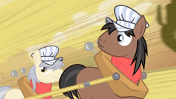 Size: 640x360 | Tagged: safe, derpibooru import, screencap, evening star, full steam, john bull, promontory, buffalo, earth pony, pony, g4, over a barrel, angry, animated, gif, gritted teeth, hat, image, male, running, shoving, stallion, teeth