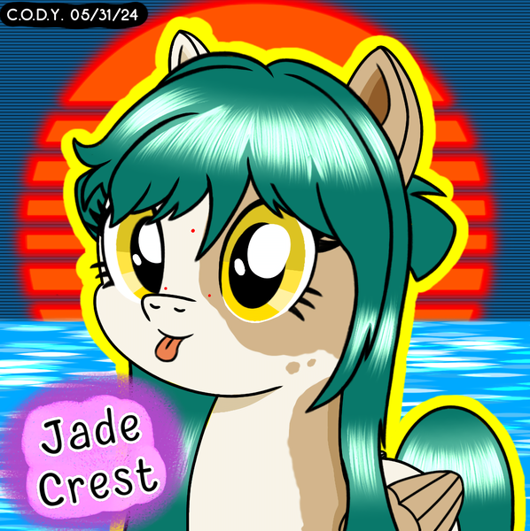 Size: 1980x1986 | Tagged: safe, artist:codenamekid, derpibooru import, oc, oc:jade crest, unofficial characters only, pegasus, pony, :p, cute, freckles, grid background, highlights, image, long mane, looking at you, outrun sun, png, reflection, shading, solo, spotted, sunset, text, tongue out, water