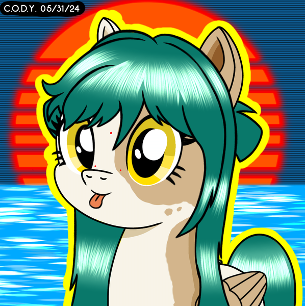 Size: 1980x1986 | Tagged: safe, artist:codenamekid, derpibooru import, oc, oc:jade crest, unofficial characters only, pegasus, pony, :p, cute, freckles, grid background, highlights, image, long mane, looking at you, outrun sun, png, reflection, shading, solo, spotted, sunset, tongue out, water