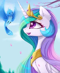 Size: 2480x3007 | Tagged: safe, artist:magnaluna, derpibooru import, princess celestia, alicorn, bird, pony, g4, :d, chest fluff, crown, ear fluff, female, folded wings, high res, horn, image, jewelry, jpeg, looking at something, mare, open mouth, open smile, outdoors, peytral, profile, regalia, side view, sky, smiling, solo, tree branch, wings