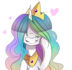 Size: 2218x2162 | Tagged: safe, artist:magnaluna, derpibooru import, princess celestia, alicorn, pony, g4, cewestia, crown, female, filly, foal, grin, hair over eyes, heart, image, jewelry, jpeg, peytral, raised hoof, regalia, simple background, smiling, solo, white background, younger