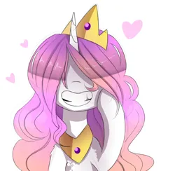 Size: 2218x2162 | Tagged: safe, artist:magnaluna, derpibooru import, princess celestia, alicorn, pony, g4, alternate hairstyle, bust, cewestia, crown, cute, female, filly, foal, grin, hair over eyes, heart, image, jewelry, jpeg, mare, peytral, pink mane, pink-mane celestia, raised hoof, regalia, simple background, smiling, solo, white background, younger