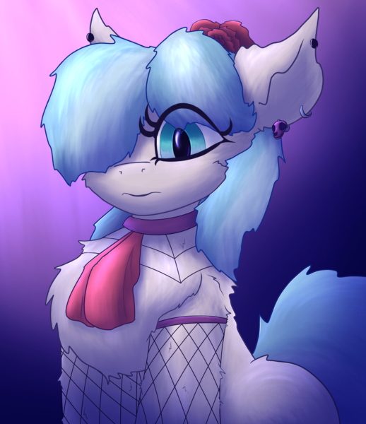 Size: 1837x2129 | Tagged: safe, artist:gosha305, derpibooru import, coco pommel, earth pony, pony, g4, alternate hairstyle, chest fluff, choker, clothes, cute, ear fluff, ear piercing, earring, female, fishnet clothing, fishnets, flower, flower in hair, fluffy, goth, gradient background, image, jewelry, looking at you, mare, necktie, piercing, png, skull, socks, solo, stockings, thigh highs