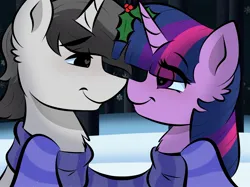 Size: 2048x1535 | Tagged: safe, artist:doodle-hooves, ponerpics import, twilight sparkle, oc, unofficial characters only, pony, female, image, jpeg, looking at each other, male, mare, stallion