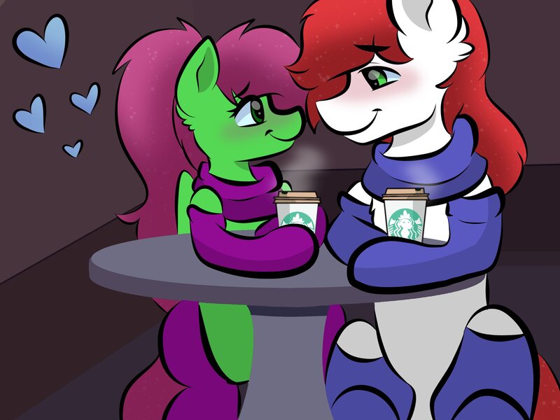 Size: 2048x1535 | Tagged: safe, artist:doodle-hooves, ponerpics import, oc, unofficial characters only, pony, clothes, coffee, female, gloves, image, jpeg, looking at each other, male, mare, scarf, stallion