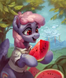 Size: 1880x2215 | Tagged: safe, artist:jewellier, derpibooru import, rainbowshine, pegasus, pony, cloudsdale, commission, eating, female, food, happy, image, leaves, mare, open mouth, png, sitting, solo, watermelon, weather factory uniform, ych result