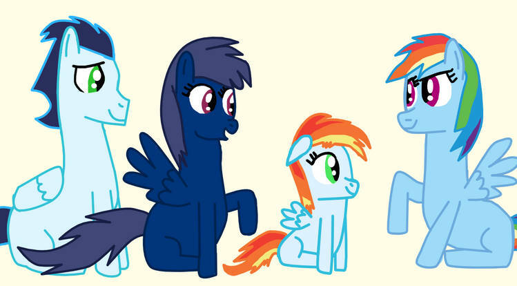 Size: 749x414 | Tagged: safe, artist:princessstar022, ponerpics import, ponybooru import, rainbow dash, soarin', oc, oc:rain shower, oc:rainstar, pegasus, pony, female, filly, foal, image, jpeg, male, mare, offspring, parent:rainbow dash, parent:soarin', parents:soarindash, shipping, soarindash, stallion, straight