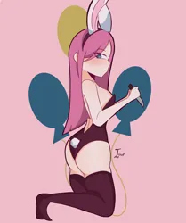 Size: 1710x2048 | Tagged: suggestive, artist:eltrash_art6, derpibooru import, pinkie pie, human, ass, blushing, bunny suit, butt, clothes, female, humanized, image, jpeg, kneeling, knife, pinkamena diane pie, playboy, playboy bunny, playboy bunny pinkie pie, socks, solo, solo female, stockings, thigh highs