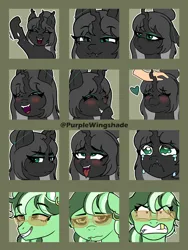 Size: 3000x4000 | Tagged: safe, artist:purple wingshade, derpibooru import, oc, oc:gold buck, oc:polly, unofficial characters only, changeling, earth pony, pony, ahegao, angry, blushing, crying, ear piercing, earring, emoji, emotes, exhausted, expressions, eyeshadow, female, happy, heart, image, jewelry, looking at you, makeup, mare, open mouth, petting, piercing, png, smug, sunglasses, tired, tongue out, waving