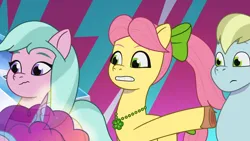 Size: 1280x720 | Tagged: safe, derpibooru import, screencap, posey (g5), earth pony, pony, unicorn, g5, my little pony: tell your tale, spoiler:g5, spoiler:my little pony: tell your tale, spoiler:tyts02e15, bow, clapboard snap, dahlia, emotional rollercoaster, female, group, hair bow, horn, image, male, mare, misty brightdawn, png, quartet, shadow misty, stallion