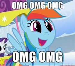 Size: 360x316 | Tagged: safe, edit, edited screencap, screencap, rainbow dash, rarity, pegasus, pony, unicorn, sonic rainboom (episode), caption, image, image macro, jpeg, ohmygosh, open mouth, open smile, spread wings, text, wingboner, wings