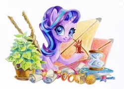 Size: 1300x931 | Tagged: safe, artist:maytee, derpibooru import, part of a set, phyllis, starlight glimmer, pony, unicorn, g4, book, glasses, horn, hourglass, image, kite, origami, png, potted plant, scroll, solo, staff, staff of sameness, traditional art