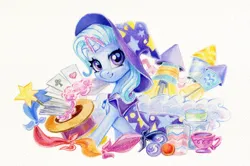 Size: 1300x864 | Tagged: safe, artist:maytee, derpibooru import, part of a set, trixie, pony, unicorn, g4, cape, clothes, cup, fireworks, hat, horn, image, magic, magic aura, playing card, png, smiling, solo, teacup, top hat, trixie's cape, trixie's hat