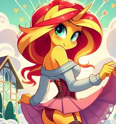 Size: 955x1024 | Tagged: suggestive, ai content, derpibooru import, machine learning generated, prompter:glimmy-glam, sunset shimmer, equestria girls, g4, adorasexy, blushing, clothes, cloud, corset, cute, female, garter belt, generator:dall-e 3, heart, house, image, jpeg, looking at you, looking back, off shoulder, off shoulder sweater, sexy, skirt, skirt lift, smiling, socks, solo, solo female, sweater, thigh highs, upskirt