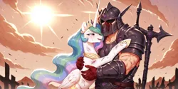 Size: 2400x1200 | Tagged: suggestive, ai content, derpibooru import, machine learning generated, prompter:greesys, princess celestia, oc, oc:anon, human, unicorn, after battle, armor, blood, horn, hug, image, png, sky, sun, weapon