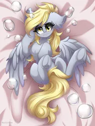 Size: 5000x6620 | Tagged: safe, artist:natanvok, derpibooru import, derpy hooves, pegasus, pony, g4, bubble, ear fluff, female, floppy ears, image, looking at you, lying down, mare, on back, png, smiling, solo, underhoof