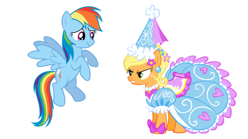 Size: 1920x1080 | Tagged: safe, artist:bobsicle0, derpibooru import, applejack, rainbow dash, earth pony, pegasus, g4, look before you sleep, angry, applejack is not amused, clothes, cute, dress, duo, duo female, ear piercing, female, flower, flower in hair, froufrou glittery lacy outfit, glare, gritted teeth, hat, hennin, image, jackabetes, jewelry, laughing, piercing, png, princess applejack, simple background, teeth, transparent background, unamused