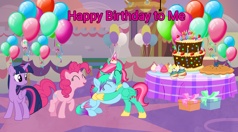 Size: 3485x1936 | Tagged: safe, artist:lizzmcclin, derpibooru import, pinkie pie, twilight sparkle, oc, alicorn, earth pony, g4, birthday, female, happy birthday, hug, image, png