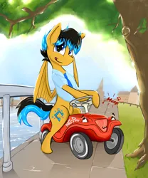 Size: 4354x5227 | Tagged: safe, artist:bumskuchen, derpibooru import, oc, oc:starbass, pegasus, pony, absurd resolution, bobbycar, car, clothes, image, looking at you, png, solo, vehicle