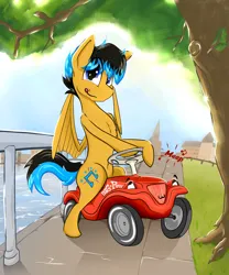 Size: 4354x5227 | Tagged: safe, alternate version, artist:bumskuchen, derpibooru import, oc, oc:starbass, pegasus, pony, absurd resolution, bobbycar, car, image, looking at you, png, solo, verhicle