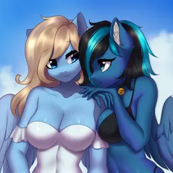 Size: 3000x3000 | Tagged: suggestive, artist:yutakira92, derpibooru import, ponerpics import, oc, oc:lusty symphony, oc:moonshine, unofficial characters only, anthro, pegasus, arm on shoulder, big breasts, bikini, bra, breasts, clothes, cloud, collar, cute, duo, duo female, female, females only, image, jpeg, looking at each other, looking at someone, looking at you, shirt, sky, smiling, smiling at you, swimsuit, underwear