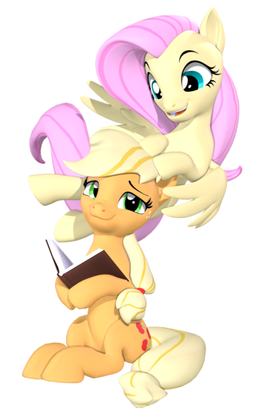 Size: 2160x3500 | Tagged: safe, artist:owlpirate, derpibooru import, applejack, fluttershy, earth pony, pegasus, pony, 3d, book, duo, duo female, female, flying, high res, image, lesbian, lidded eyes, mare, open mouth, open smile, png, ship:appleshy, shipping, simple background, smiling, source filmmaker, transparent background